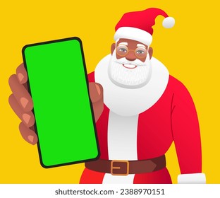 Black gray-haired Santa is holding a phone in his hand. African Santa Claus shows a close-up of a green phone screen to the camera. Place to advertise a mobile app. Vector illustration. svg