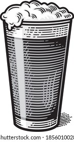 Black grayscale, engraving-style graphic illustration of Shaker beer glass featuring traditional-sized head isolated on white background.