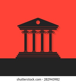 black Greek colonnade on red background. concept of real estate, library, temple, capitol, Parthenon, retro facade, banking establishment. flat style trend modern logo design eps10 vector illustration