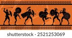 Black greek warriors. Ancient greece mythology mural art on vase, history battles roman warrior silhouette scene, antique rome or athens pottery pattern recent vector illustration original artwork