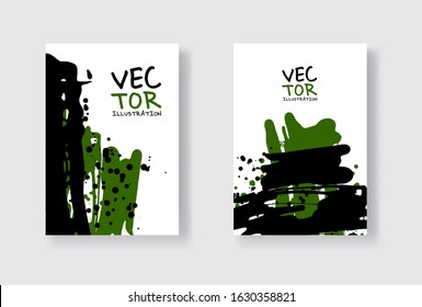 Black and green abstract design set. Ink paint on brochure, Monochrome element isolated on white. Grunge banner paints. Simple composition. Liquid ink. Background for banner, card, poster
