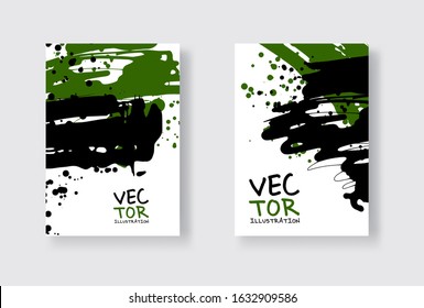 Black and green abstract design set. Ink paint on brochure, Monochrome element isolated on white. Grunge banner paints. Simple composition. Liquid ink. Background for banner, card, poster, web design