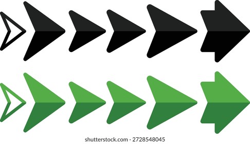 Black and green arrows increasing in size and number on white background