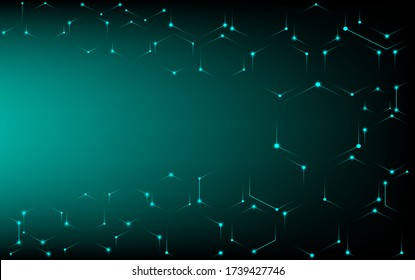 The black and green background is a glowing technology, with polygon shaped wires stacked like an atomic structure and a green circle emitting light.