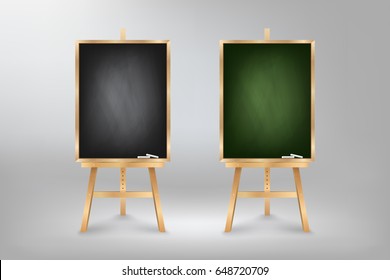 Black and Green Blackboard on wooden easel, rubbed out dirty chalkboard, vector illustration
