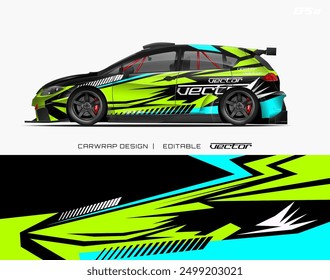 Black green and blue car wrap design, editable vector ideal for automotive advertising, vehicle branding, and custom car detailing businesses.