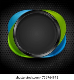 Black, green and blue glossy circle shapes on dark perforated metallic texture. Technology concept vector design