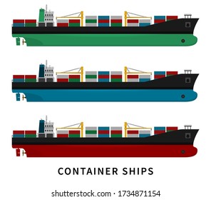 Black green blue red container ship isolated with cranes and goods on white background. Cargo import export transport industry. Flat vector illustration of nautical vessel floating in the ocean.