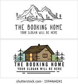 Black green brown house tree mountain sketch chimney landscape vintage logo template suitable for village company vacation farm travel hotel business cabin rental holiday villa recreation hiking