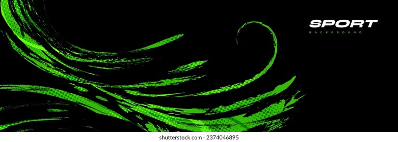 Ilustración de pincel negro y verde con efecto de semitono aislado sobre fondo negro. Fondo deportivo con estilo Grunge. Elementos de rajadura y textura para el diseño