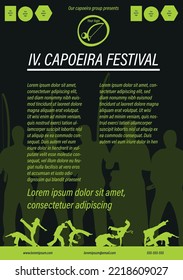 Black and green capoeira event banner, poster, background. Vector illustration template print for capoeira festivals and trainings with music instruments and capoeira movements.