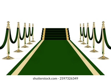 Black green carpet on stairs with ropes on golden stanchions