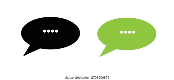 Iconos negros y verdes de la burbuja del chat con los puntos suspensivos. Símbolos de voz de diseño plano simple para mensaje, conversación o concepto de comunicación.