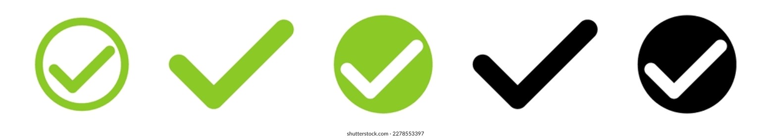 Conjunto de ilustraciones vectoriales de marca de verificación verde y negro. Señal correcta. Icono de marca de lista de verificación.