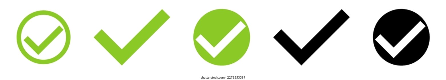 Conjunto de ilustraciones vectoriales de marca de verificación verde y negro. Señal correcta. Icono de marca de lista de verificación.