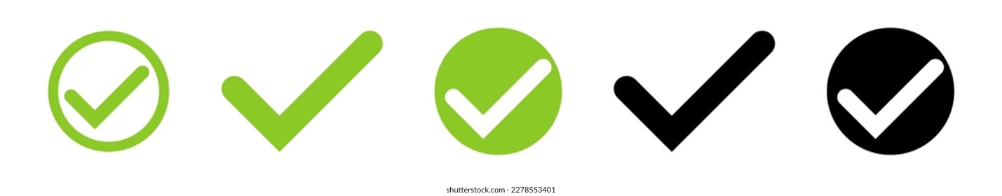Black and green check mark vector illustration set. OK sign. Checklist mark icon.