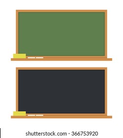 Black and green classic school board or chalkboard set isolated on white background with sponge and chalk on it. Flat design