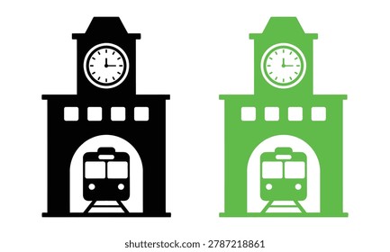 Black and green clock tower with train illustration