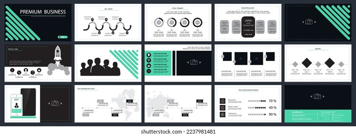 Black, green, elements of presentation templates, white background. Slide set. Region infographic. Business presentations, corporate reporting, marketing, advertising, annual report, leaflets, banners