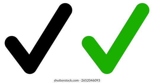 Schwarz-grünes flaches Häkchen und Häkchensymbol auf transparentem Hintergrund. 