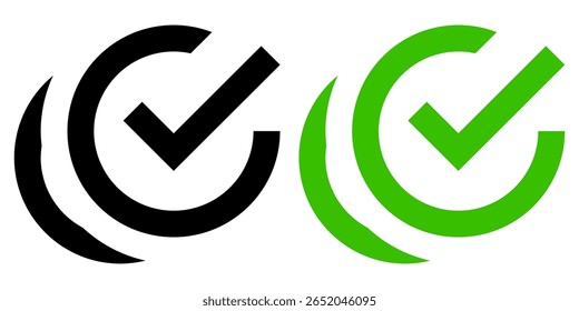 Marca de verificación plana negra y verde e icono de casilla de verificación establecidos en fondo transparente. 