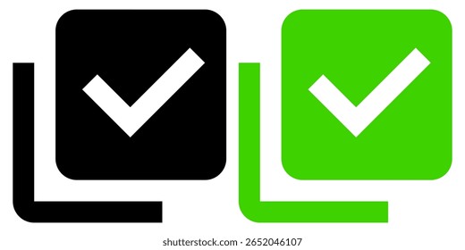 Marca de verificación plana negra y verde e icono de casilla de verificación establecidos en fondo transparente. 