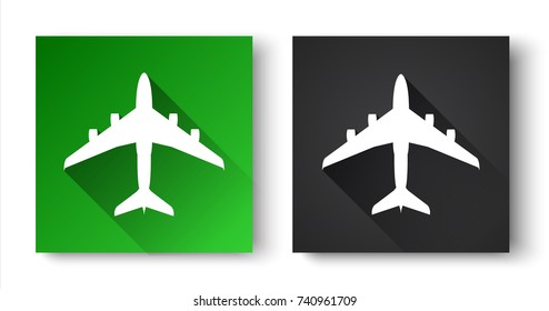 Black and green flat icons with airplane isolated on white background, travel and holiday symbol, modern design for your application