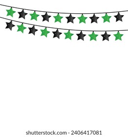 Black and green garland star lights, Bright colored garland lights decoration, Glowing light bulbs, Set of light strings garland multicolored, Holiday decor, festive design.