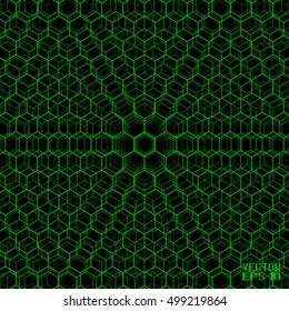 Black and Green Geometric Cellular Pattern. Abstract Monochrome Grid with Hexagon. Graphic Style for Print. Vector. 3d Illustration
