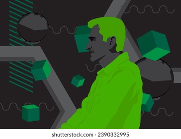 Black and green geometrical graphic retro poster with male head, chest statue. Minimal geometric elements with man bust sculpture. Vintage shapes template.