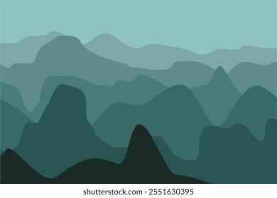 Black and green gradient mountain silhouettes. Panoramic landscape background. Mountains and hills on the horizon. Shades of vector scenic terrain background