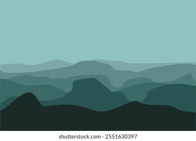 Black and green gradient mountain silhouettes. Panoramic landscape background. Mountains and hills on the horizon. Shades of vector scenic terrain background