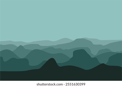 Black and green gradient mountain silhouettes. Panoramic landscape background. Mountains and hills on the horizon. Shades of vector scenic terrain background