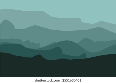 Black and green gradient mountain silhouettes. Panoramic landscape background. Mountains and hills on the horizon. Shades of vector scenic terrain background