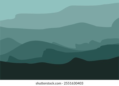 Black and green gradient mountain silhouettes. Panoramic landscape background. Mountains and hills on the horizon. Shades of vector scenic terrain background