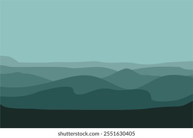 Black and green gradient mountain silhouettes. Panoramic landscape background. Mountains and hills on the horizon. Shades of vector scenic terrain background