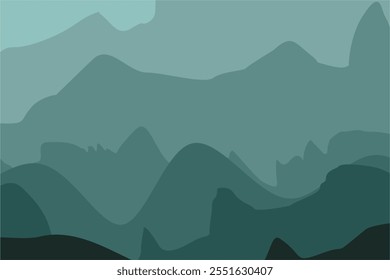 Black and green gradient mountain silhouettes. Panoramic landscape background. Mountains and hills on the horizon. Shades of vector scenic terrain background