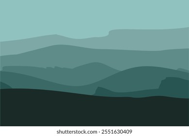 Black and green gradient mountain silhouettes. Panoramic landscape background. Mountains and hills on the horizon. Shades of vector scenic terrain background