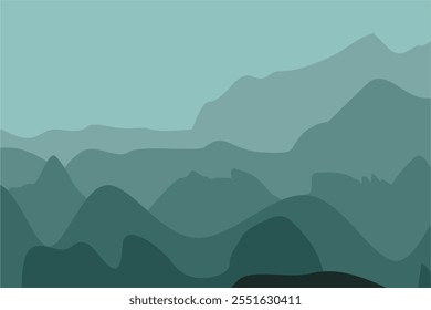 Black and green gradient mountain silhouettes. Panoramic landscape background. Mountains and hills on the horizon. Shades of vector scenic terrain background