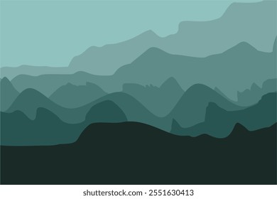 Black and green gradient mountain silhouettes. Panoramic landscape background. Mountains and hills on the horizon. Shades of vector scenic terrain background