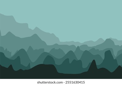 Black and green gradient mountain silhouettes. Panoramic landscape background. Mountains and hills on the horizon. Shades of vector scenic terrain background