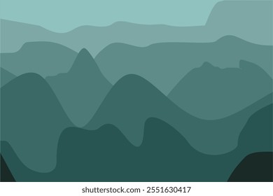 Black and green gradient mountain silhouettes. Panoramic landscape background. Mountains and hills on the horizon. Shades of vector scenic terrain background