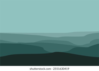 Black and green gradient mountain silhouettes. Panoramic landscape background. Mountains and hills on the horizon. Shades of vector scenic terrain background