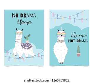 Black green hand drawn cute card with llama, glasses,cactus in summer.No drama llama, Llama not drama