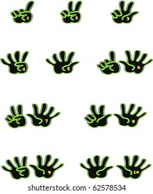 Black and green hands counting from 1 to 10 with fingers and gold numbers on the palm of the hand icon illustration vectors