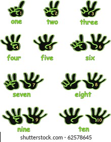 Black and green hands counting from 1 to 10 with fingers and numbers on the palm and the numbers in words below each hand icon illustration vectors