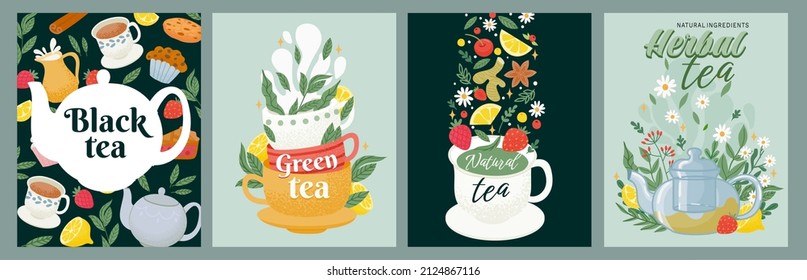 Black, green and herbal tea package label design. Tea drink concept with leaves, cups, sweets and teapots. Decorative cafe poster vector set. Illustration of leaf herbal and teapot