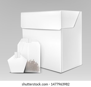 Black, green or herbal tea packaging mock-up with dried leaves inside of teabag, pentagonal blank paper label tag on rope and white, unlabeled cardboard box isolated 3d realistic vector illustration