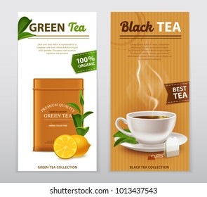 Black And Green High Quality Organic Tea Advertisement 2 Realistic Vertical Banners With Fresh Leaves Vector Illustration 