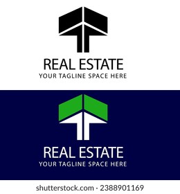 Black and green Initial Real Estate Logos Image on White Background and blue backgroud. Flat Vector Logos Design Template Element for Construction Architecture Building Logos.